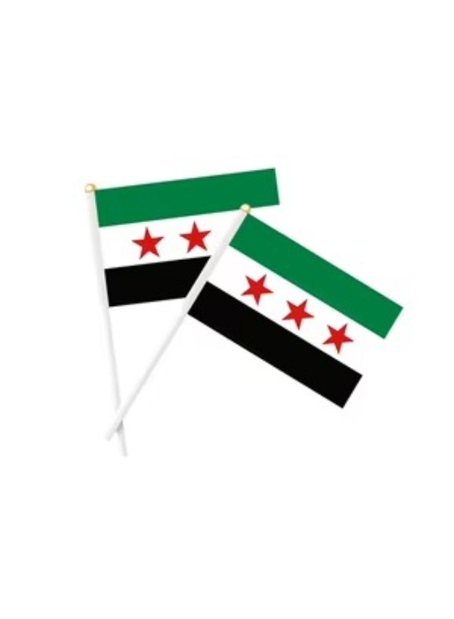 علم سوريا الوطني حجم A5 يدوي مع عصا – قماش بالألوان الأحمر والأبيض والأسود مع نجوم خضراء – عبوة 5 قطع - Image 1